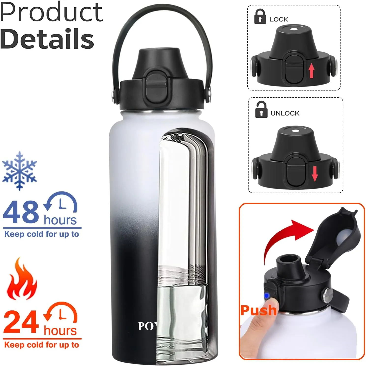 Water Bottle Insulated 32oz 40oz 64oz 128oz Straw Lid Spout Lid & 3 Lids, Leak Proof, Vacuum Insulated,Stainless Steel Water Bottle Wide Mouth for Sports, Gym or Office