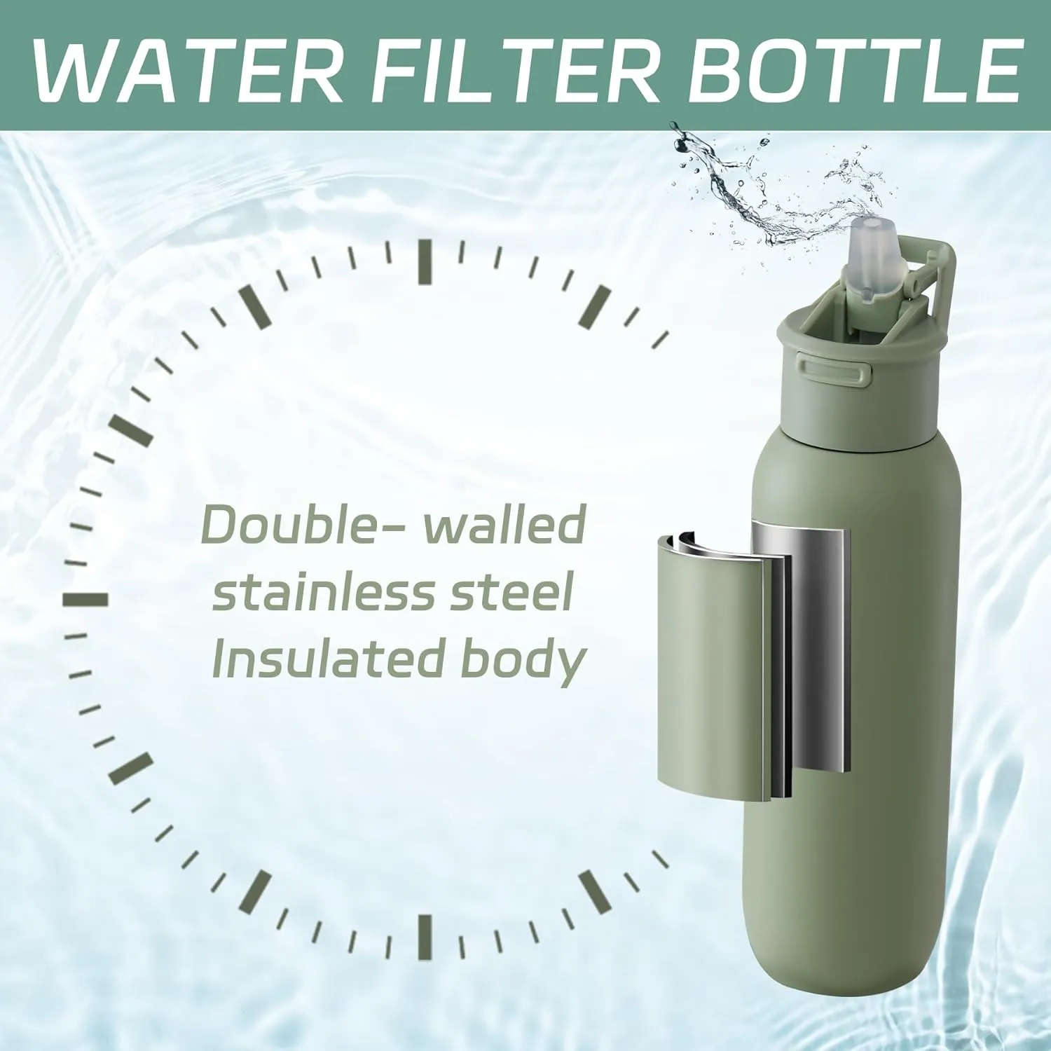 Water Bottle with Filter, Stainless Steel Premium Filtering Water Bottle, BPA-Free, Reusable, Insulated,Water Filter Bottle for Travel and Everyday Use Light Green - 20 oz