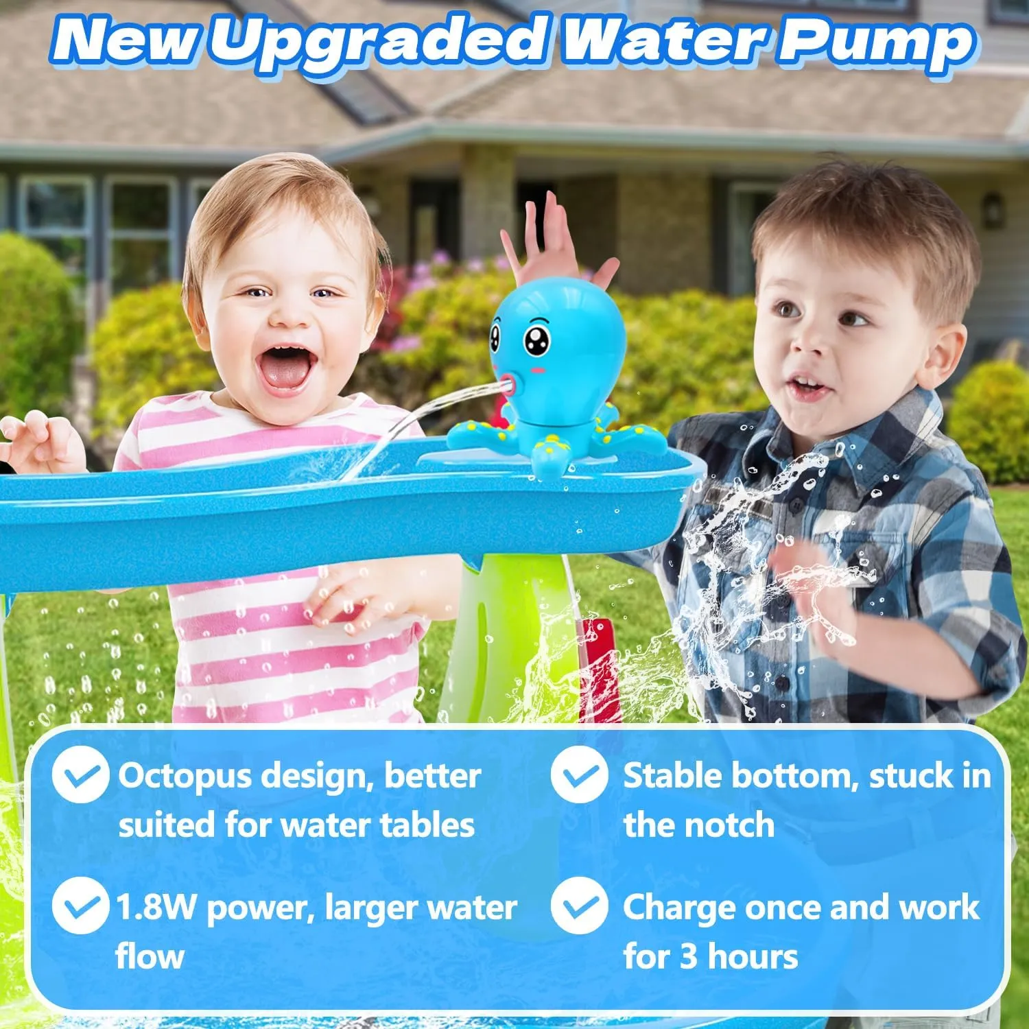 Water Table Pump, Battery Powered Water Outdoor Pump for Kids, 3 Hours of Non-Stop Work Fun Portable USB Charging Summer Water Table Accessories Toys for Kids Toddlers（Blue）