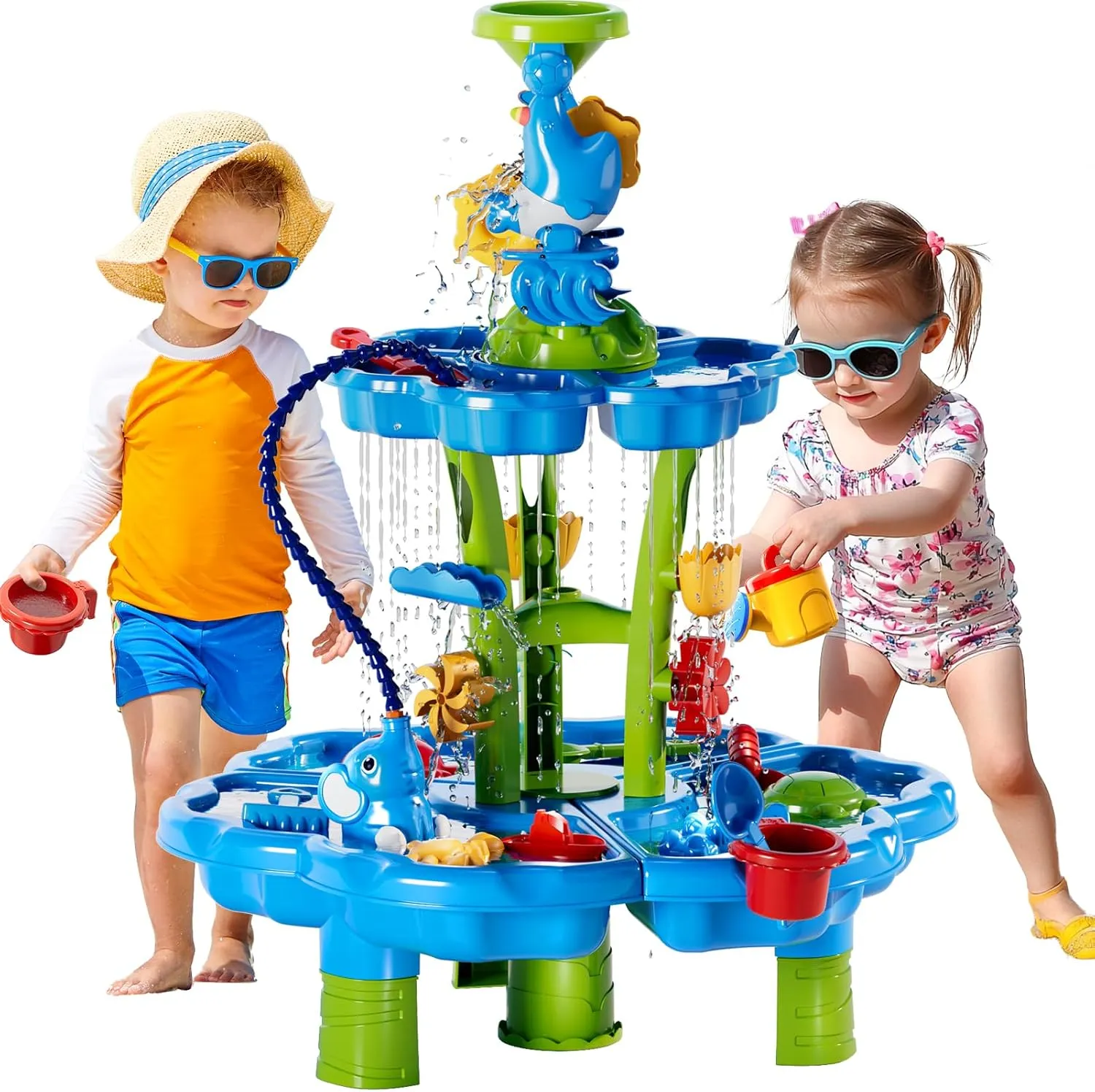 Water Table with Pump for Toddler Kids Ages 3-5 4-8, 2-Tier 3 in 1 Flower Shape Water Table, Kids Summer Outdoor Beach Pool Toys Water Play Sensory Table, Perfect Birthday Party Gifts for Boys Girls