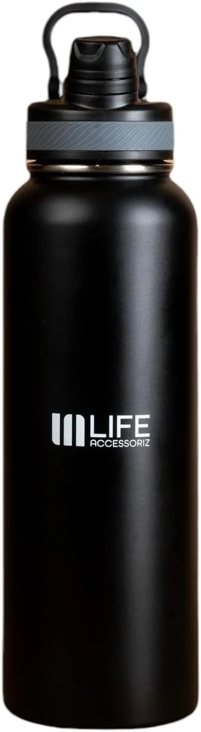Water thermos bottles- 3 Lids, Leak-proof Stainless Steel Gym & Outdoor water bottle with straw for Men&Women - Double Wall, insulated tumblers 32 OZ Black thermos for hot drinks