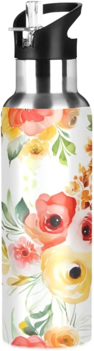Watercolor Flowers Sports Water Bottle with Straw, 22oz BPA Free Stainless Steel Vacuum Insulated Bottle for Gym Fitness Outdoor