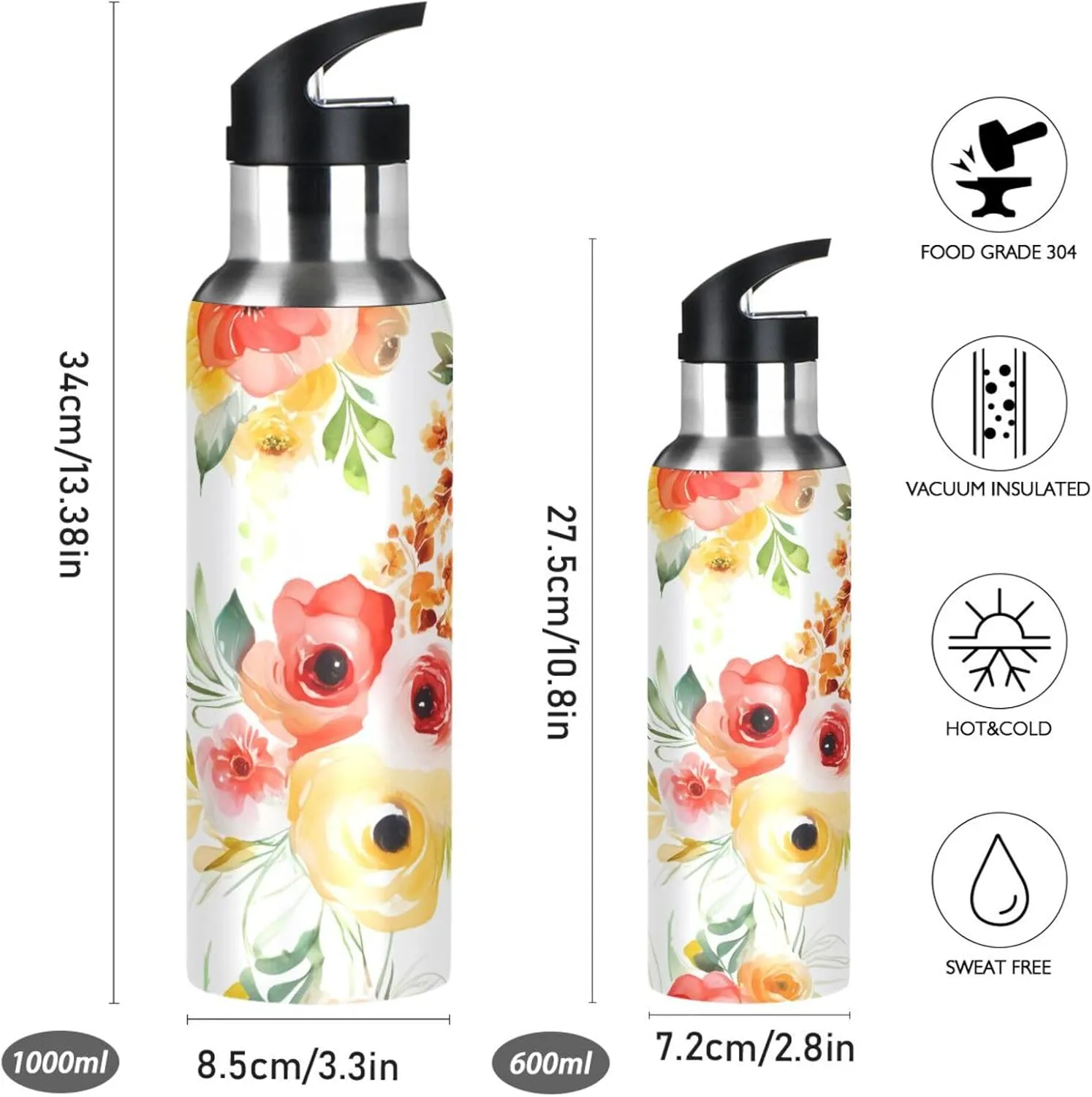 Watercolor Flowers Sports Water Bottle with Straw, 22oz BPA Free Stainless Steel Vacuum Insulated Bottle for Gym Fitness Outdoor