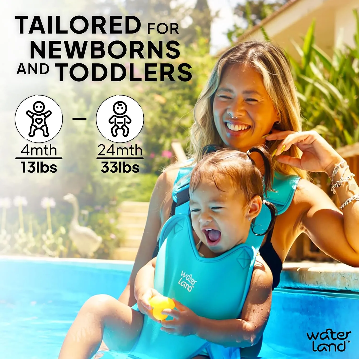 WaterLand Baby Carrier - Innovative Carrier You Can Use Both in Water & Land - Waterproof Infant Chest Holder with Adjustable Straps, Lightweight Toddler Harness for Pool & Beach (Pink Flamingo)