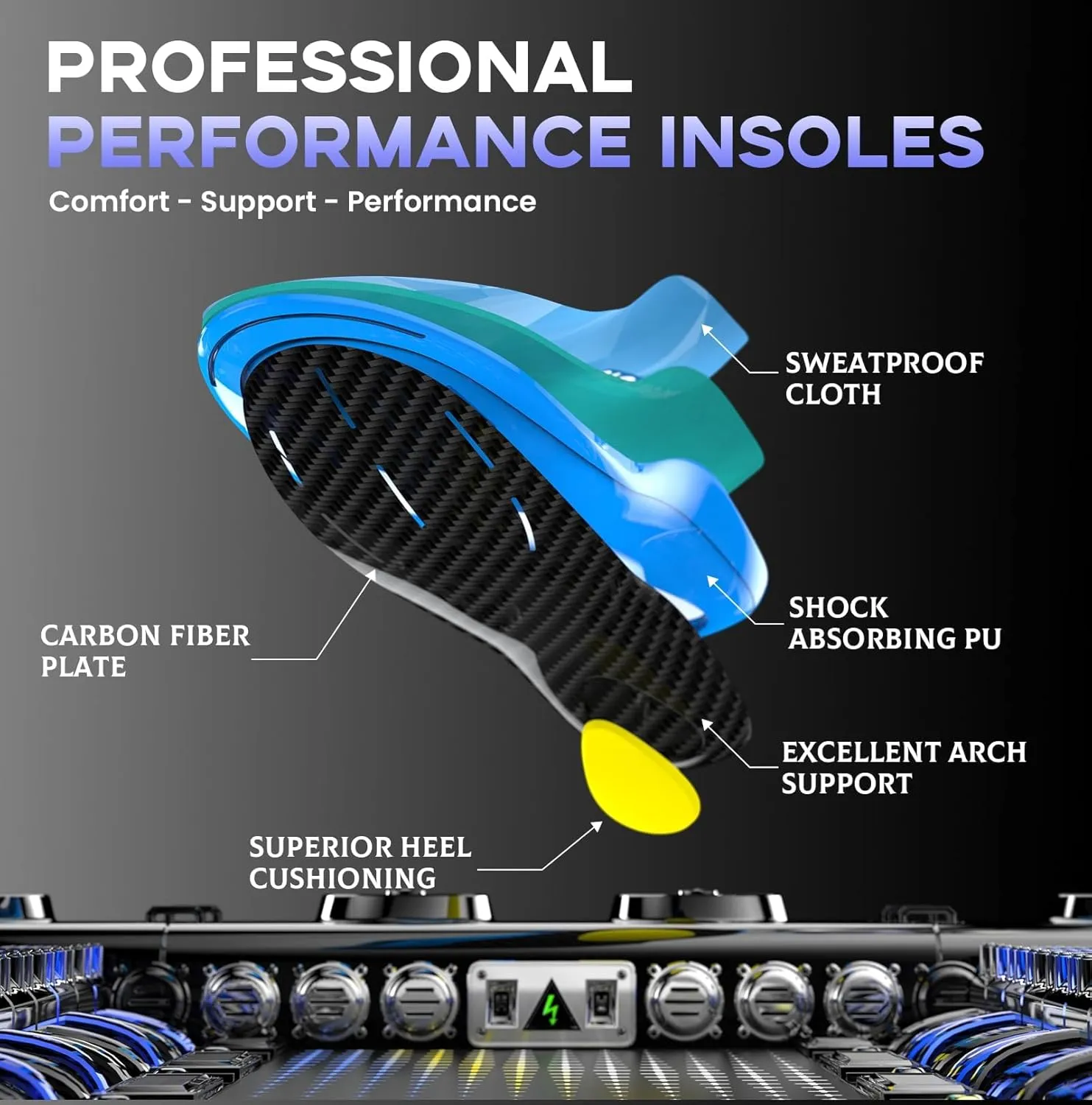 Welnove Carbon Fiber Sport Insoles with Arch Support, Shock Absorbing Orthotic Insoles for High Impact Sport- Increased Performance,Injury Protection- for Roomy Fit - 12.5-14 Men