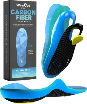 Welnove Carbon Fiber Sport Insoles with Arch Support, Shock Absorbing Performance Insoles for High Impact Sport- Increased Performance,Injury Protection- for Roomy Fit - 6.5-7.5 Men, 8-9 Women
