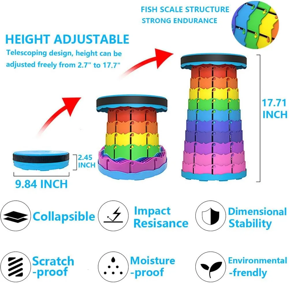 WESAPPINC Upgraded Collapsible Stool, Lightweight & Sturdy,Max 400lbs Portable Retractable Telescoping Stool Foldable Camping Stool for Adults Outdoor Hiking Garden BBQ Fishing (Rainbow)
