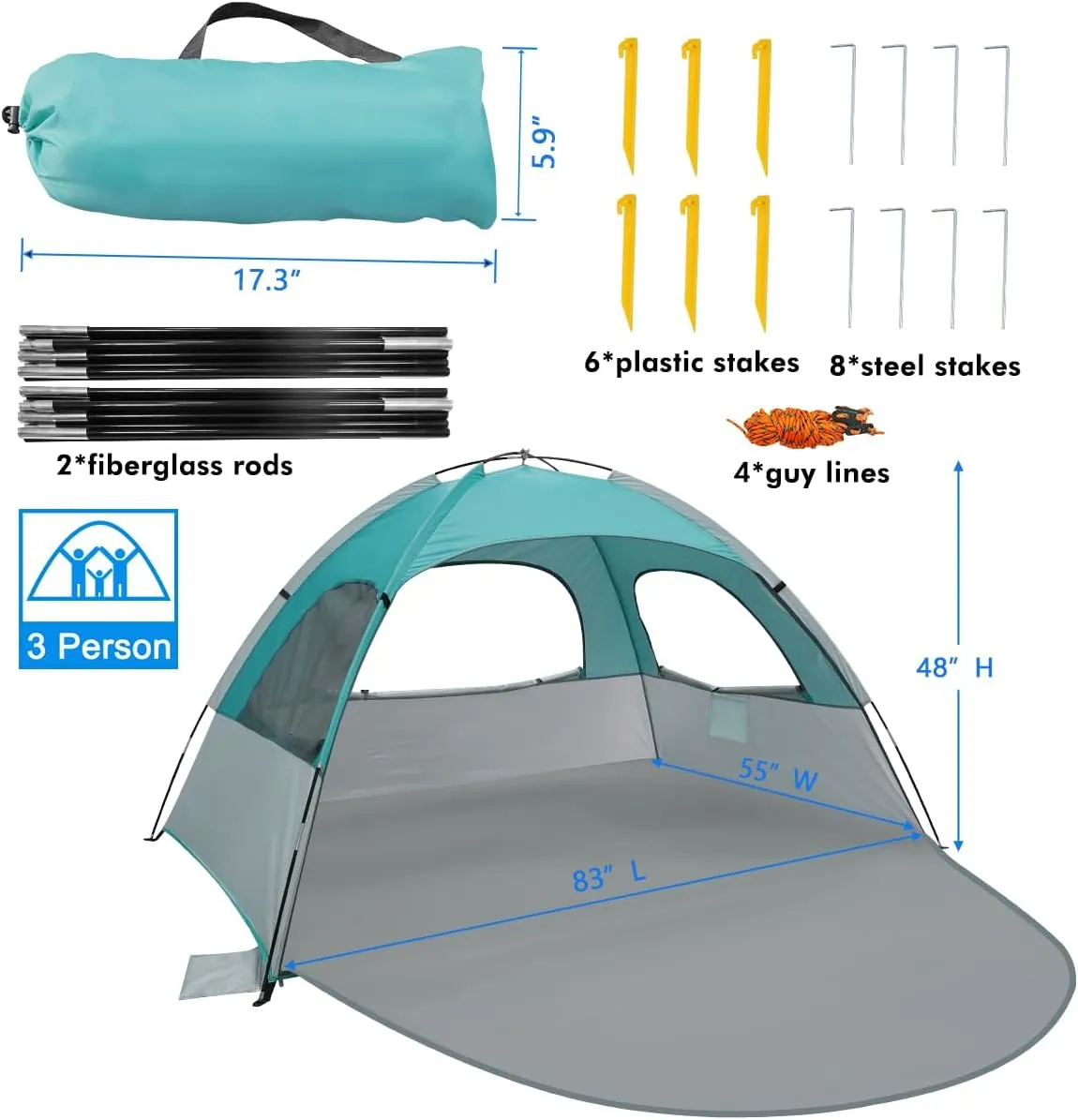 WhiteFang Beach Tent Anti-UV Portable Sun Shade Shelter for 3/4/6/8 Person, Extendable Floor with 3 Ventilating Mesh Windows Plus Carrying Bag, Stakes and Guy Lines