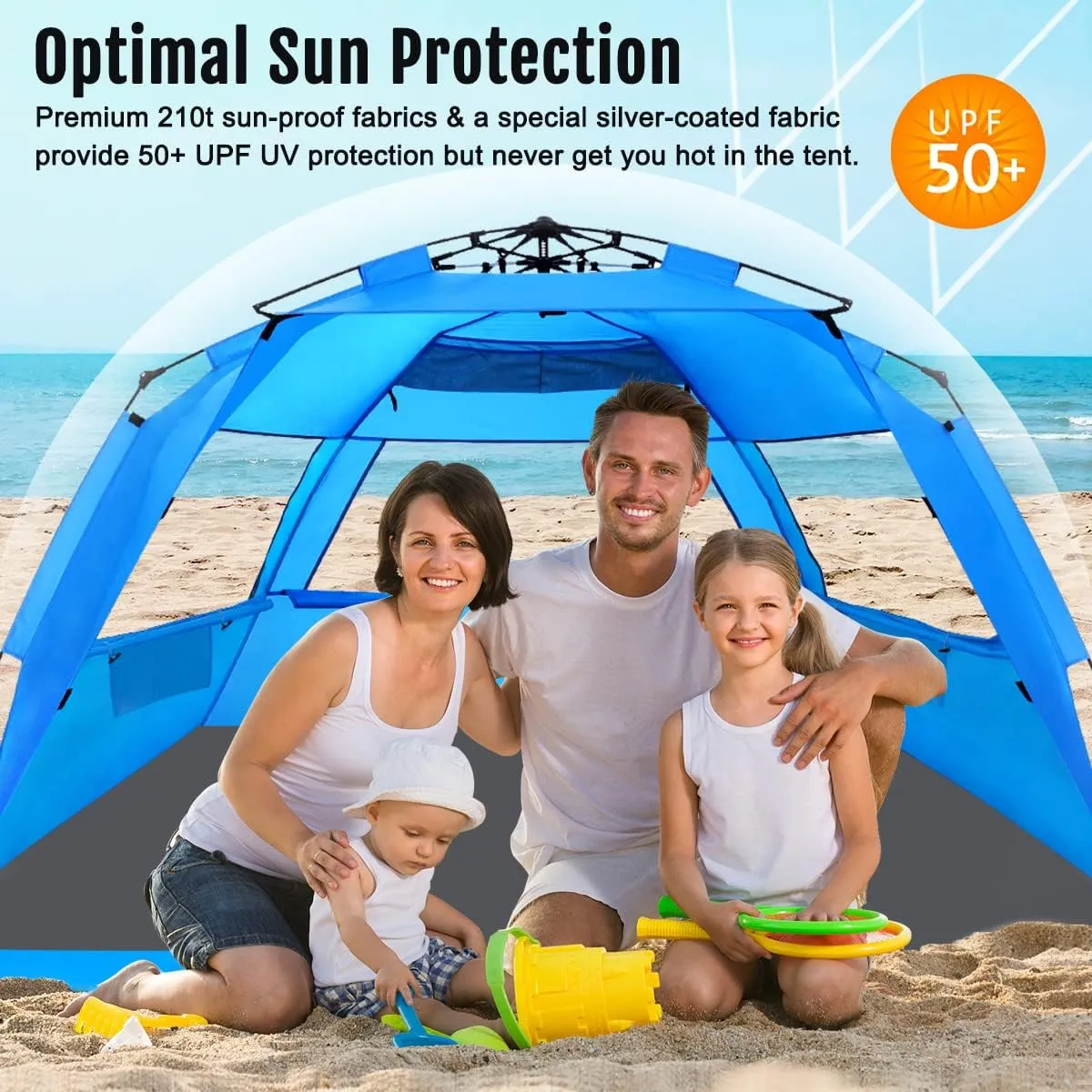 WhiteFang Deluxe Pop Up Beach Tent Sun Shade Shelter for 3-4/5-6 Person, UV Protection, Extendable Floor with 3 Ventilating Windows Plus Carrying Bag, Stakes, and Guy Lines