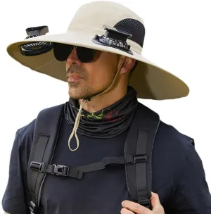 Wide Brim Solar Fan Hat Outdoor Sun Hat with 2 Solar Fan Fishing Hat,Removable & USB Charging Fan,UPF 50  Bucket Beach Hat Solar-Powered Wide Brim Sun Hat with 3-Speed Fan Beige