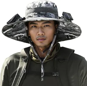 Wide Brim Solar Fan Hat with 2 Fan, Summer Outdoor Fishing Hat for Men Women, UPF 50 , Waterproof, Removable USB Charging Fan