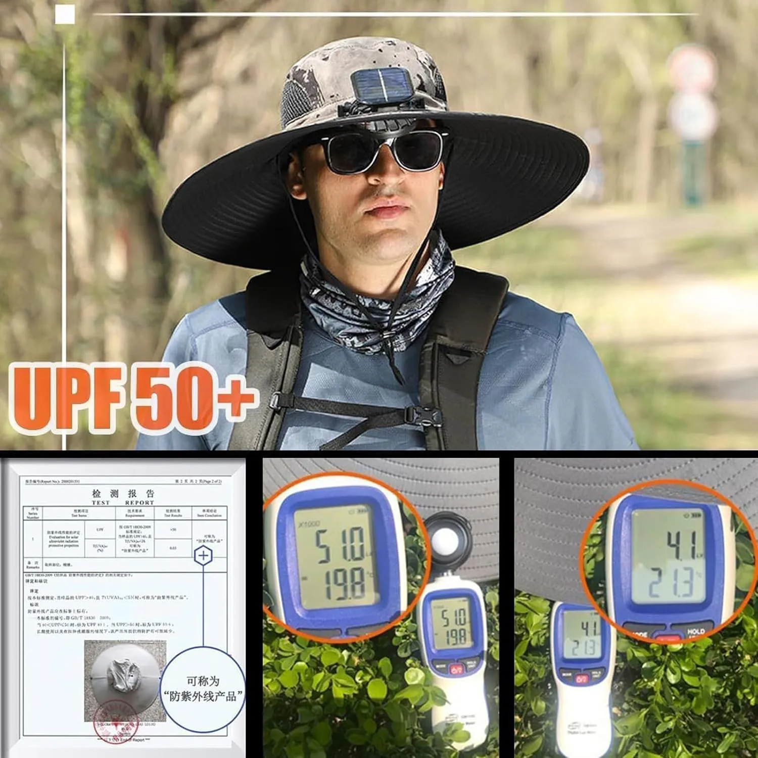 Wide Brim Solar Fan Hat with 2 Fan, Summer Outdoor Fishing Hat for Men Women, UPF 50 , Waterproof, Removable USB Charging Fan