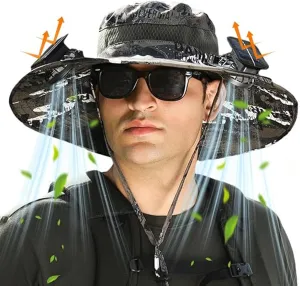 Wide Brim Solar Fan Hat with 2 Fan, Summer Outdoor Fishing Hat for Men Women, UPF 50 , Waterproof, Removable USB Charging Fan