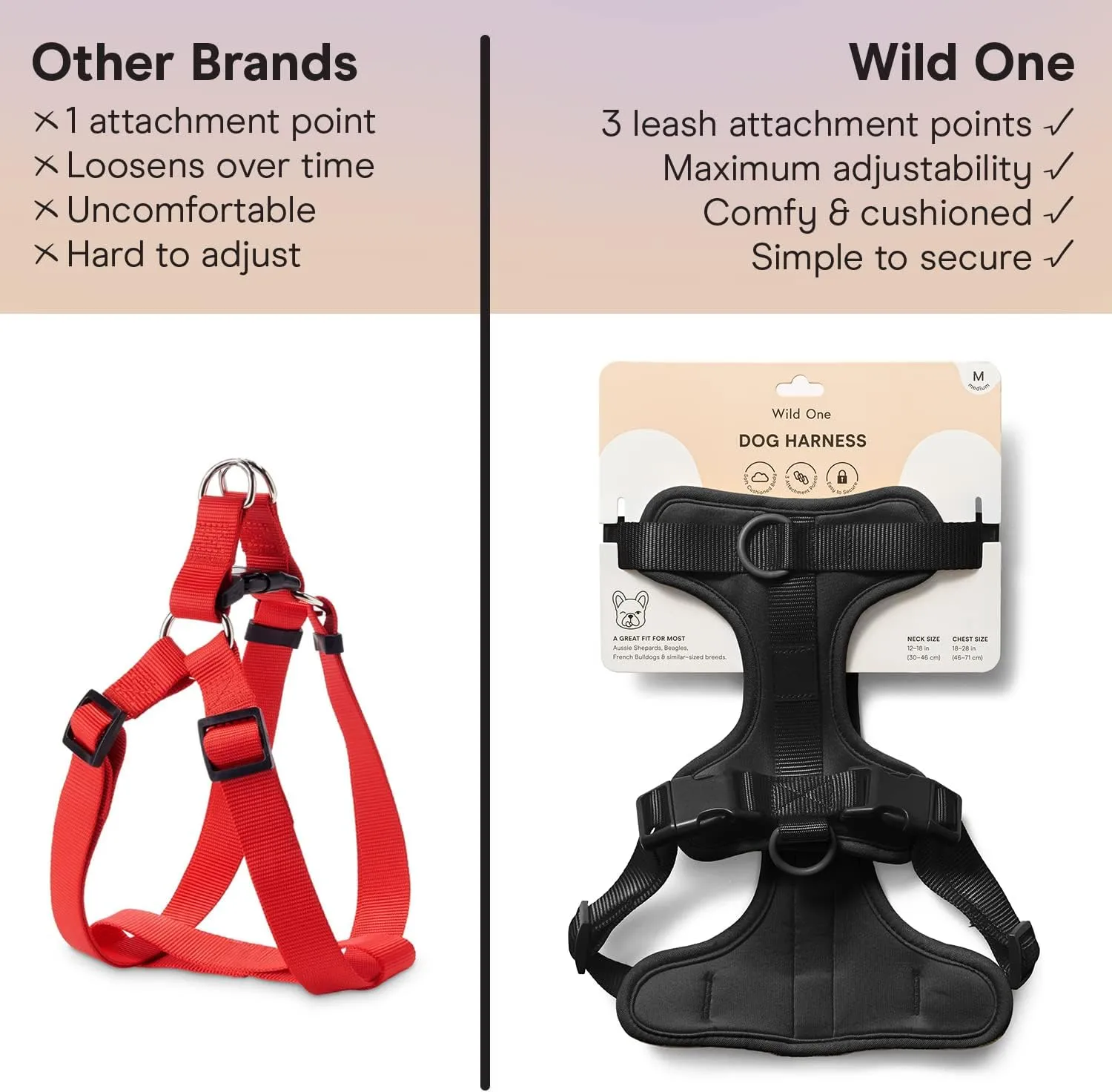 Wild One Dog Harness, The Original No-Pull, Pet Harness with 3 Leash Clips, Adjustable Soft Padded Vest, Comfortable, Stretchy, Size M, Black