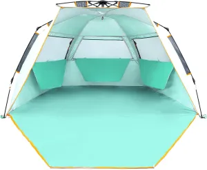 WolfWise 3-4 Person Easy Up Beach Tent UPF 50  Portable Instant Sun Shelter Canopy Umbrella with Extended Zippered Porch, Mint Green