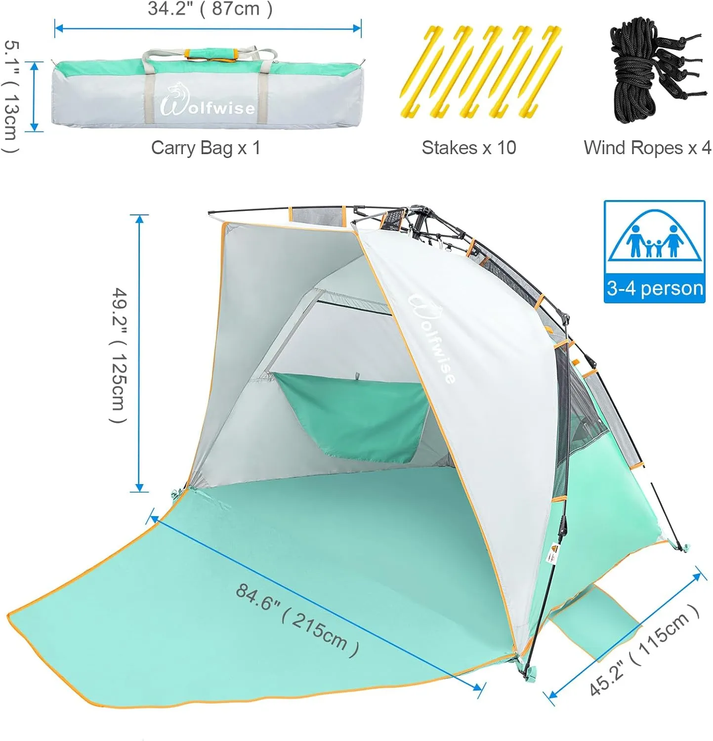 WolfWise 3-4 Person Easy Up Beach Tent UPF 50  Portable Instant Sun Shelter Canopy Umbrella with Extended Zippered Porch, Mint Green