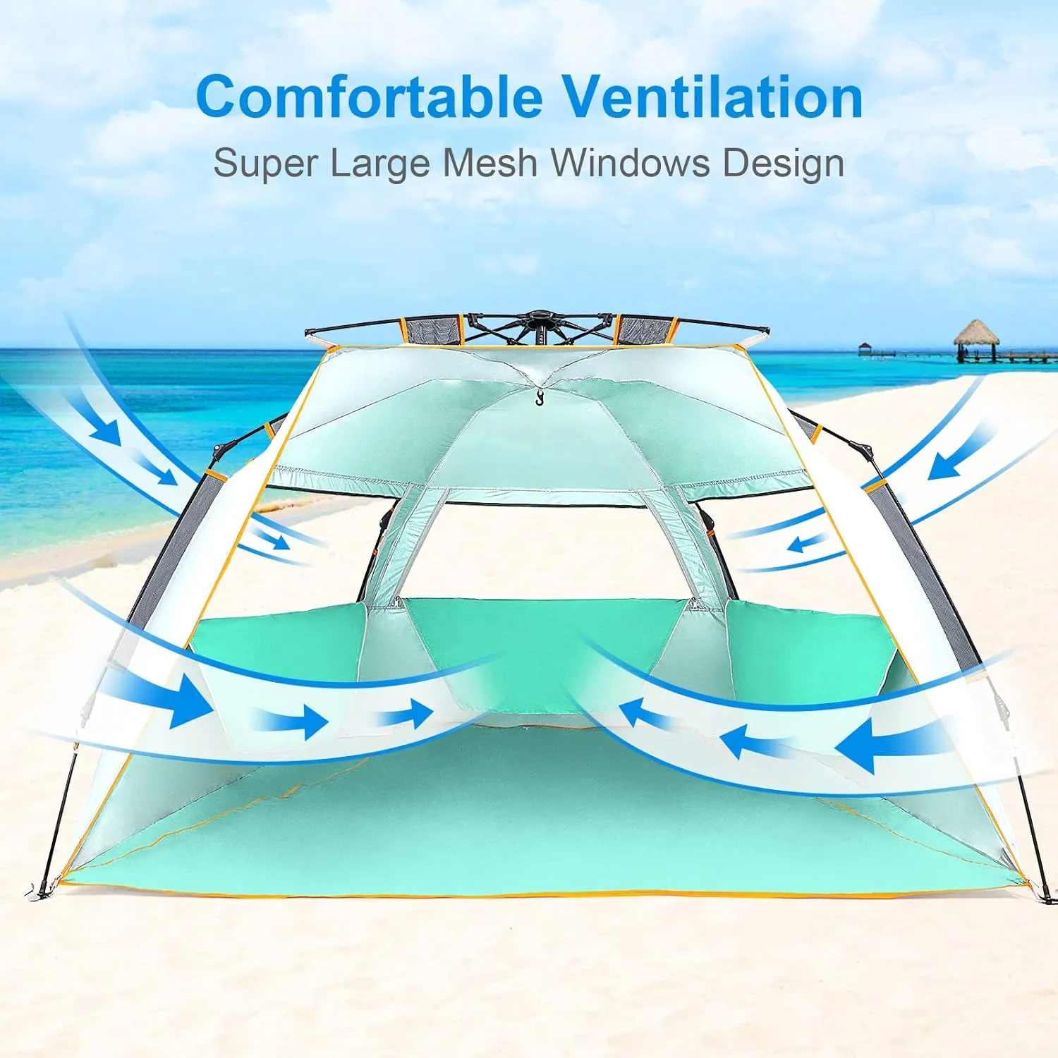 WolfWise 3-4 Person Easy Up Beach Tent UPF 50  Portable Instant Sun Shelter Canopy Umbrella with Extended Zippered Porch, Mint Green