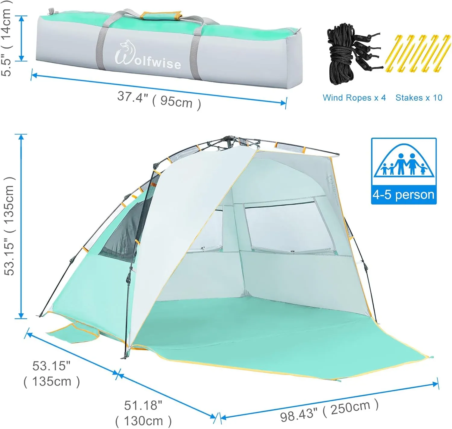 WolfWise Pop Up XL Beach Tent 99" Wide for 4-6 Person UPF 50  Portable Instant Sun Shelter Canopy Umbrella with Extended Zippered Porch