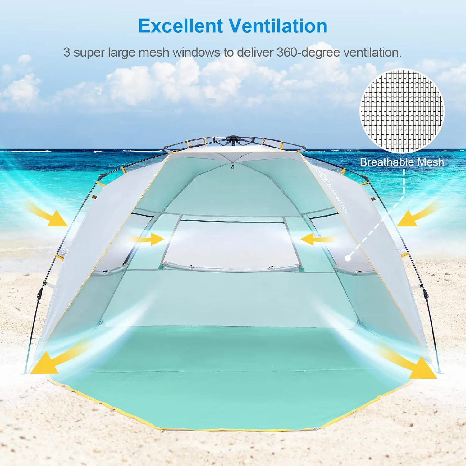 WolfWise Pop Up XL Beach Tent 99" Wide for 4-6 Person UPF 50  Portable Instant Sun Shelter Canopy Umbrella with Extended Zippered Porch