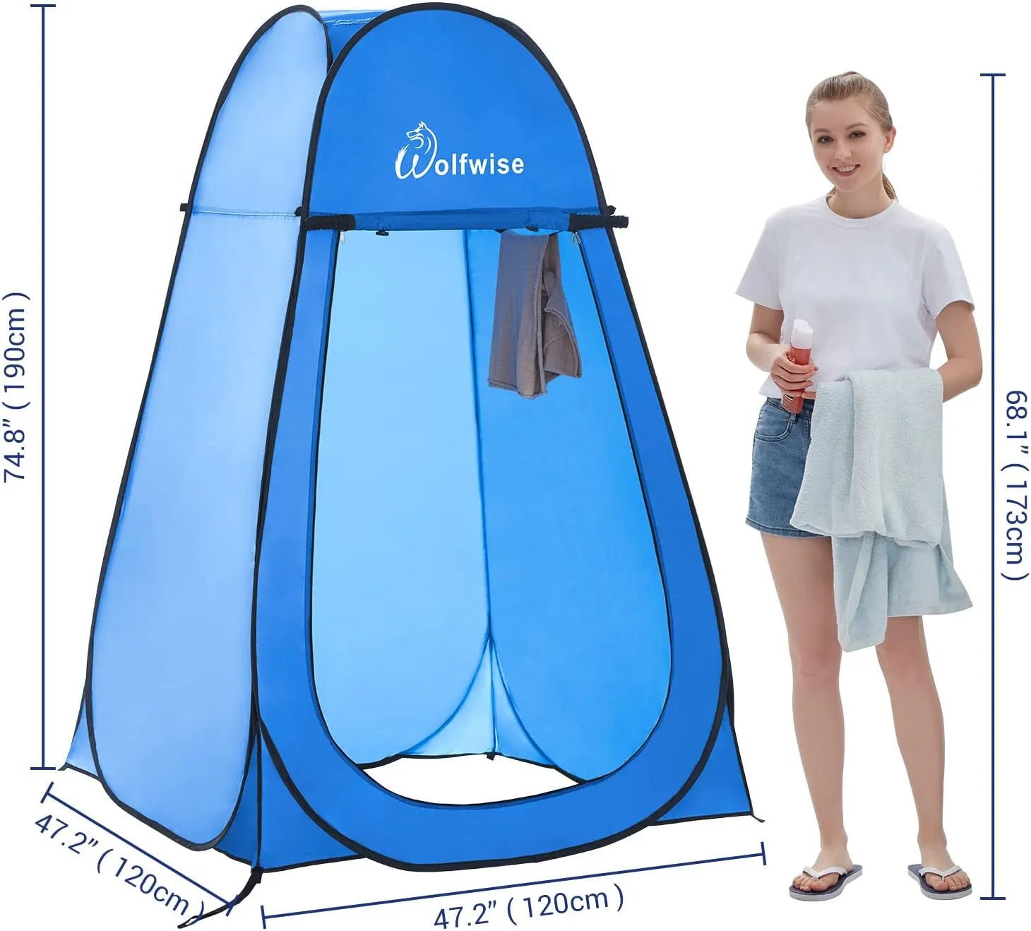 WolfWise Portable Pop Up Privacy Shower Tent, Spacious Changing Room, Dressing Room, Sun Sunshade Canopy Outdoor Rain Shelter, Backpack Privacy Shelters for Camping, Hiking, Beach, Toilet, Blue