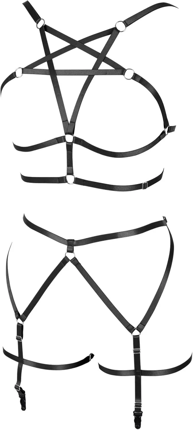 Women's Full Body Harness Bra Garter Belt Lingerie cage Set Chest Strap Gothic Punk Festival Rave Plus Size
