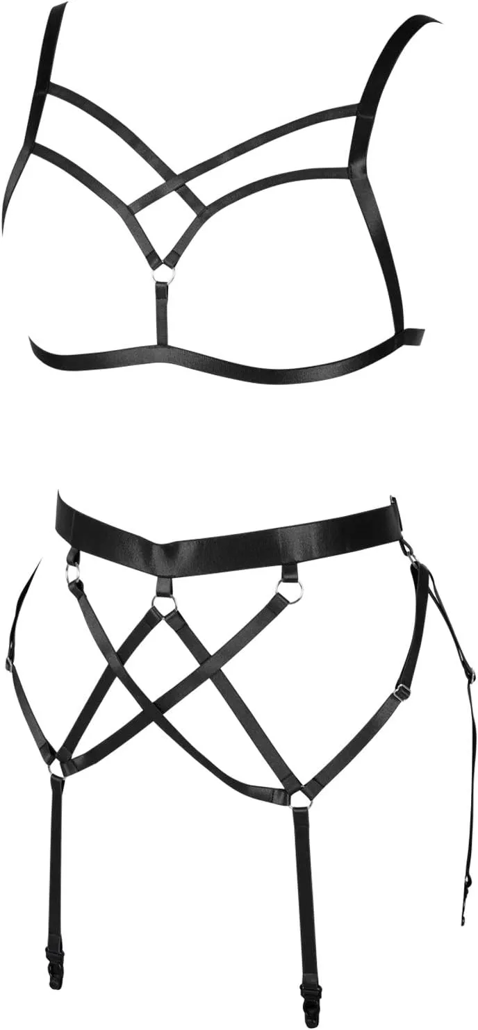 Women's Full Body Harness Bra Garter Belt Lingerie cage Set Chest Strap Gothic Punk Festival Rave Plus Size