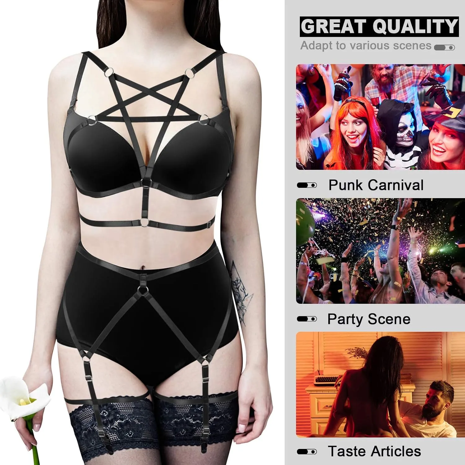 Women's Full Body Harness Bra Garter Belt Lingerie cage Set Chest Strap Gothic Punk Festival Rave Plus Size