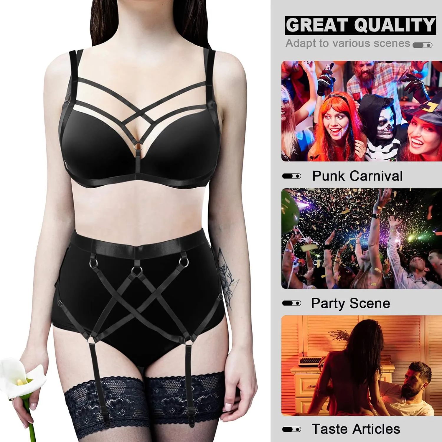 Women's Full Body Harness Bra Garter Belt Lingerie cage Set Chest Strap Gothic Punk Festival Rave Plus Size