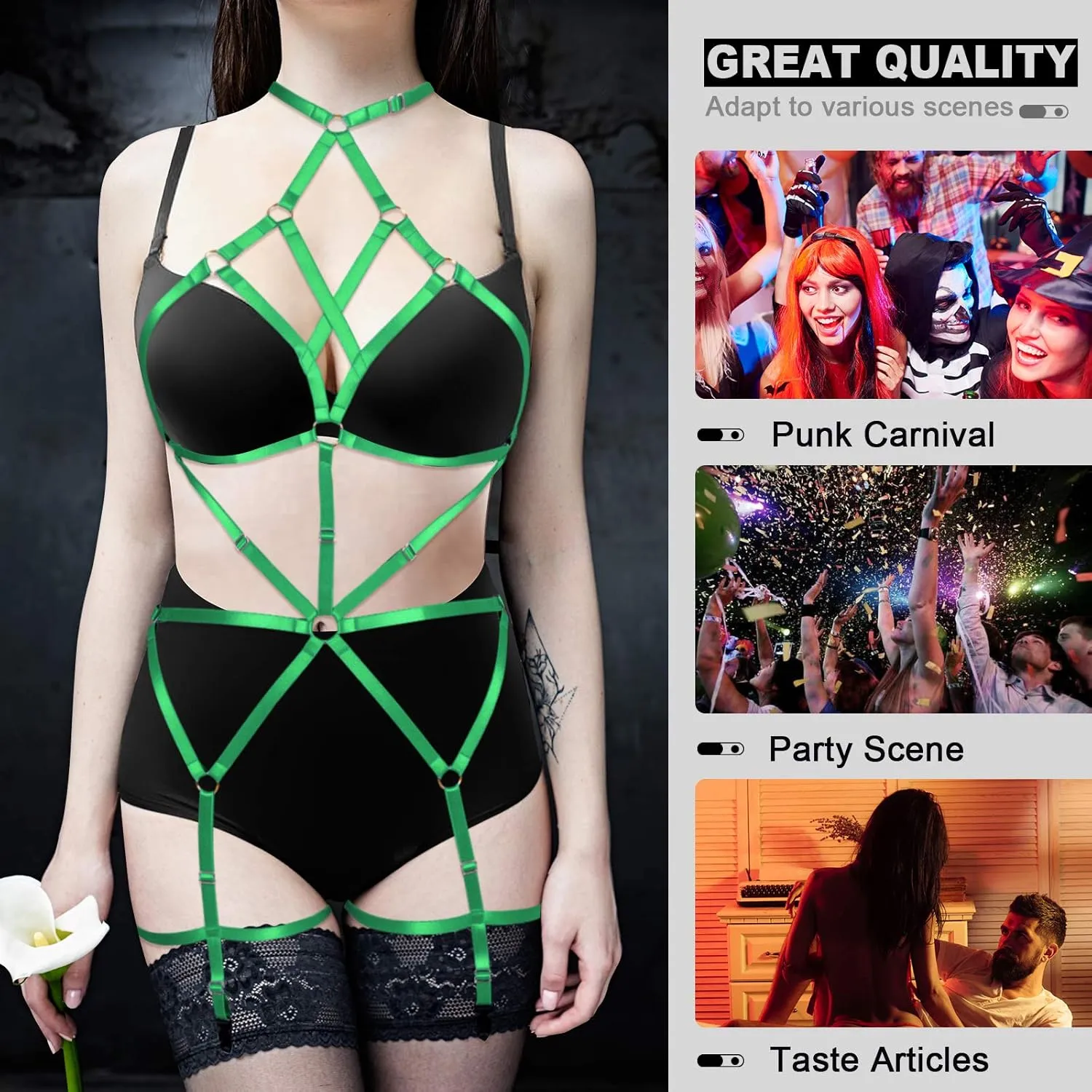Women's Lingerie cage Set Full Body Harness Bra Garter Punk Gothic Belt Festival Rave Adjustable Strap Stretchy Fabric