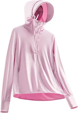 Women's UPF 50  Sun Protection Jacket Lightweight Cool UV Shirt Long Sleeve with Hoodie Brim Thumb Hole Running