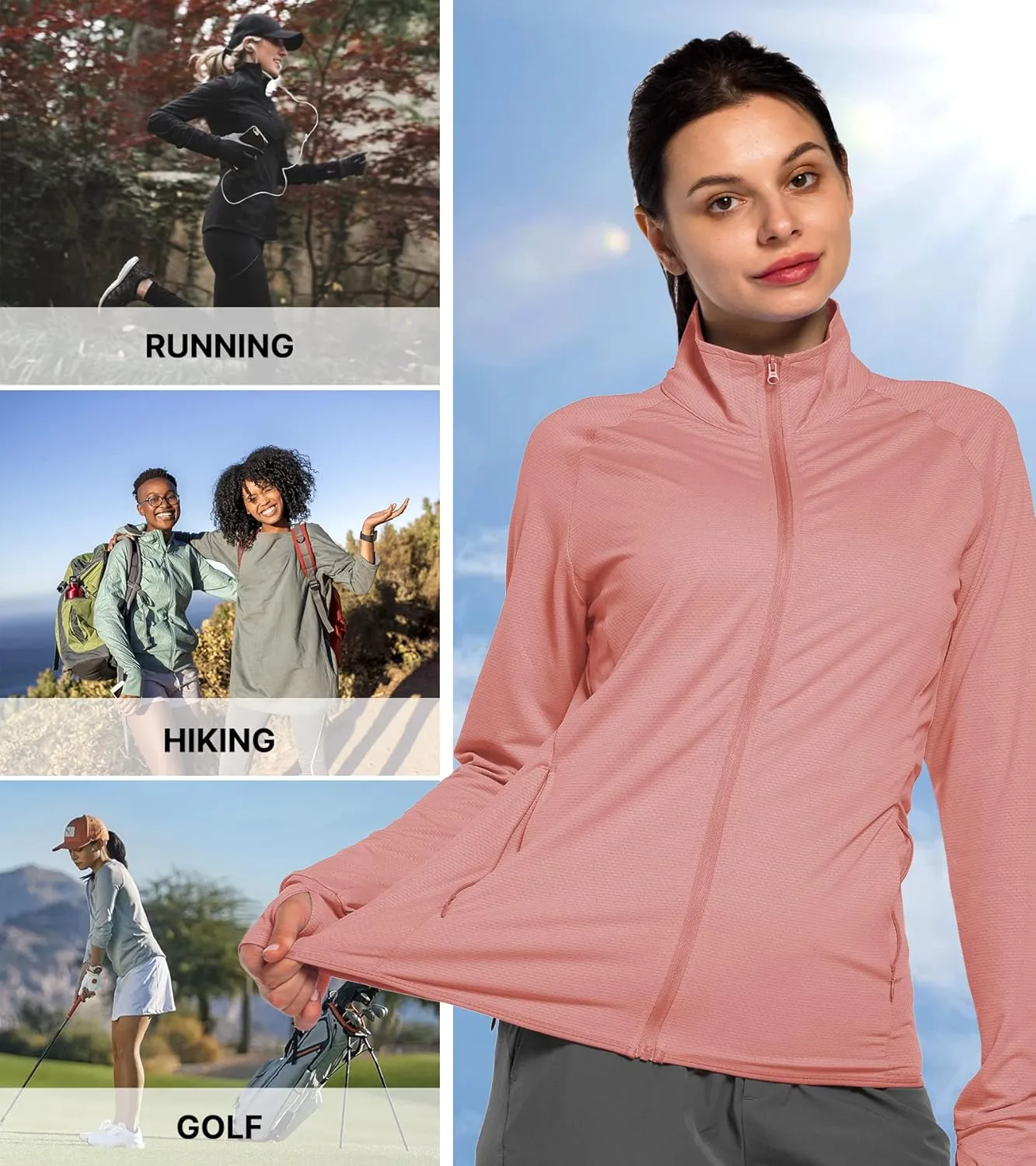 Women's UPF 50  Sun UV Protection Shirt Long Sleeve Lightweight SPF/UV Running Hiking Athletic Jacket with Zip Pockets