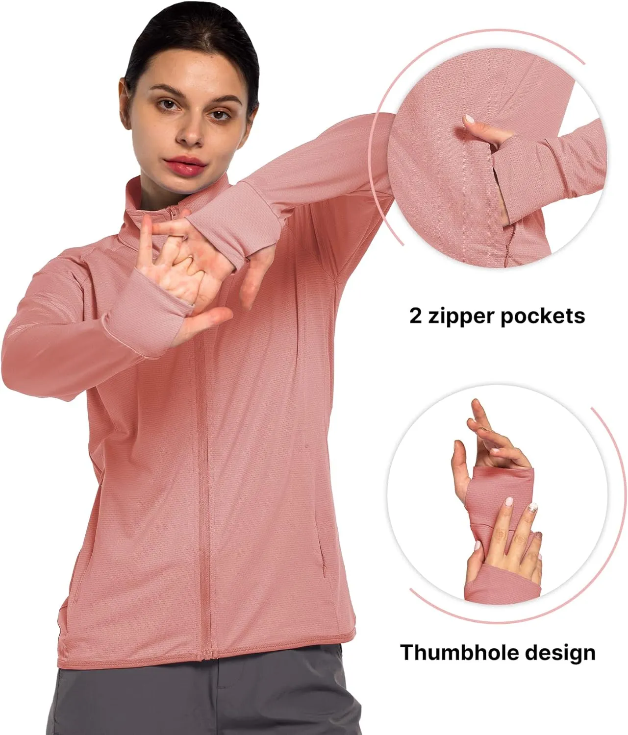 Women's UPF 50  Sun UV Protection Shirt Long Sleeve Lightweight SPF/UV Running Hiking Athletic Jacket with Zip Pockets