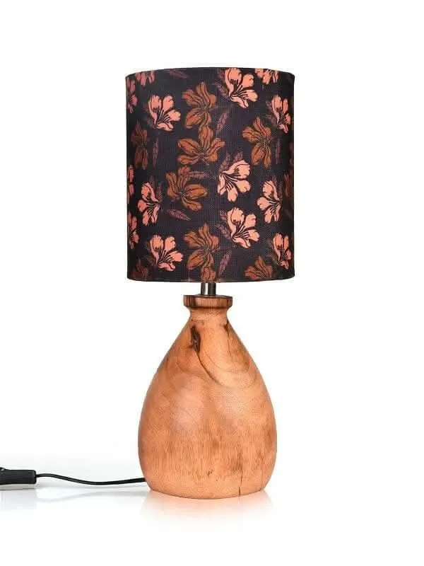 Wooden Dome Table Lamp Black Floral Shade