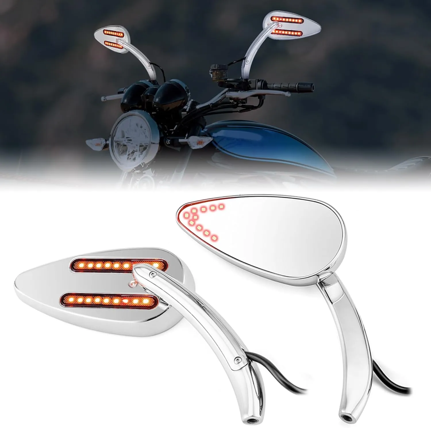 Wsays Motorcycle Mirrors with Brake & Turn Signal Rear LED Mirror Teardrop for 8mm/10mm Screw Compatible with Honda fit Kawasaki fit Yamaha fit Suzuki fit Most Chopper Cruiser Bikes, Chrome