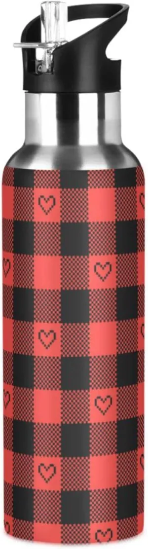 Wusikd Buffalo Plaid Hearts Water Bottle With Straw Lid - Double Wall Vacuum Insulated Thermos Flask - Stainless Steel for Gym Outdoor 35 OZ