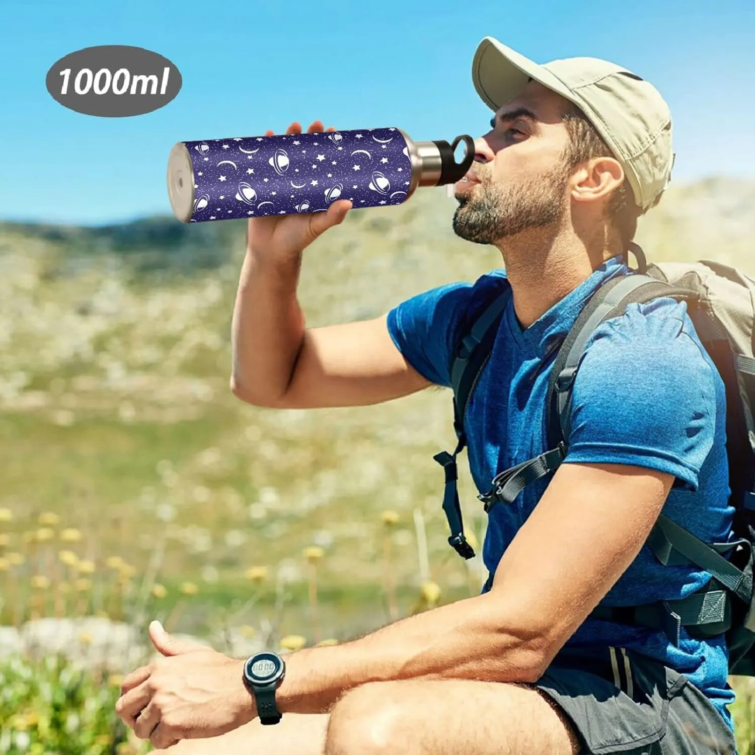 Wusikd Cosmic Water Bottle with Straw Lid Double Wall Moon Stars Thermos Bottle Vacuum Insulated Flask Stainless Steel Water Bottle for Gym Outdoor 35 OZ