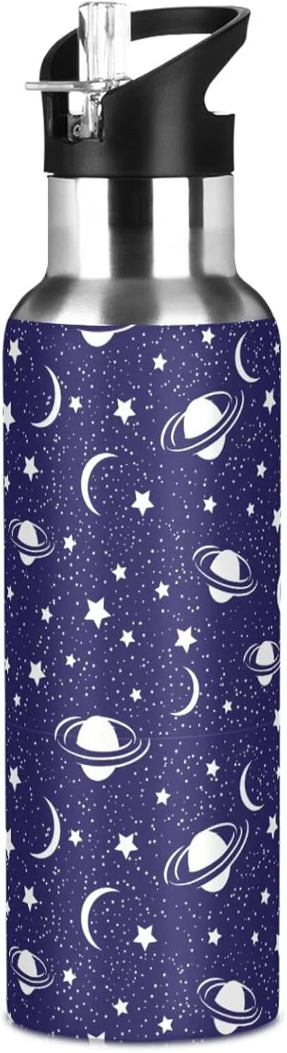 Wusikd Cosmic Water Bottle with Straw Lid Double Wall Moon Stars Thermos Bottle Vacuum Insulated Flask Stainless Steel Water Bottle for Gym Outdoor 35 OZ