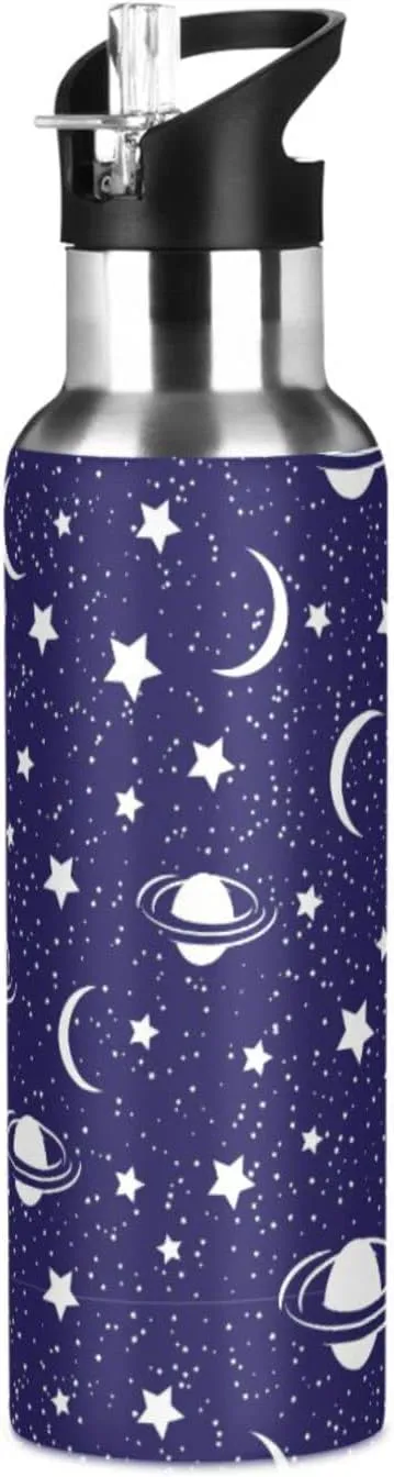 Wusikd Cosmic Water Bottle with Straw Lid Double Wall Moon Stars Thermos Bottle Vacuum Insulated Flask Stainless Steel Water Bottle for Gym Outdoor 35 OZ