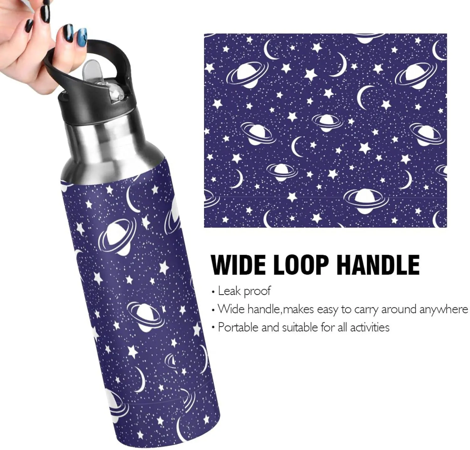 Wusikd Cosmic Water Bottle with Straw Lid Double Wall Moon Stars Thermos Bottle Vacuum Insulated Flask Stainless Steel Water Bottle for Gym Outdoor 35 OZ