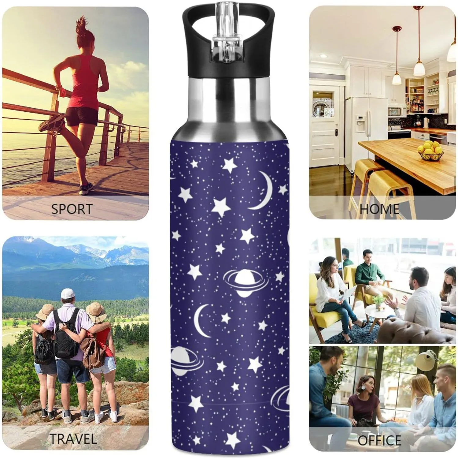 Wusikd Cosmic Water Bottle with Straw Lid Double Wall Moon Stars Thermos Bottle Vacuum Insulated Flask Stainless Steel Water Bottle for Gym Outdoor 35 OZ