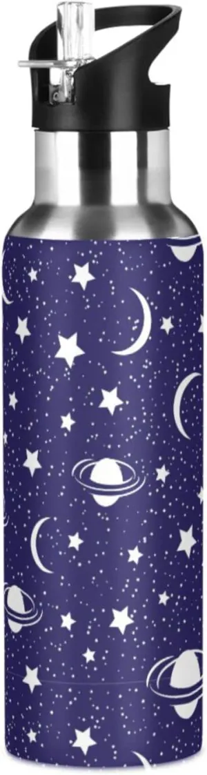 Wusikd Cosmic Water Bottle with Straw Lid Double Wall Moon Stars Thermos Bottle Vacuum Insulated Flask Stainless Steel Water Bottle for Gym Outdoor 35 OZ