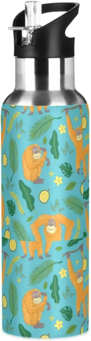 Wusikd Orangutan Water Bottle with Straw Lid Double Wall Tropical Thermos Bottle Vacuum Insulated Flask Stainless Steel Water Bottle for Gym Outdoor 20 OZ
