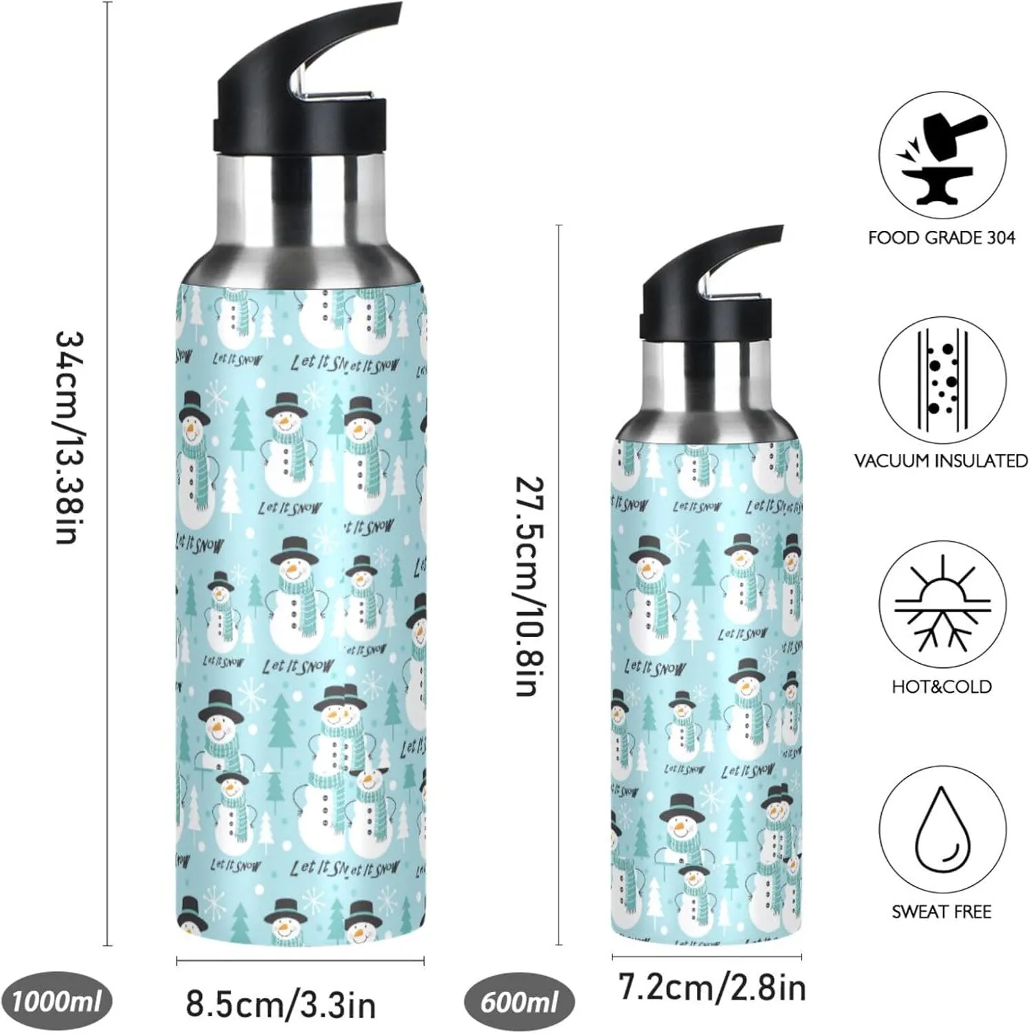 Wusikd Snowman Water Bottle with Straw Lid Double Wall Christmas Gift Thermos Bottle Vacuum Insulated Flask Stainless Steel Water Bottle for Gym Outdoor 35 OZ