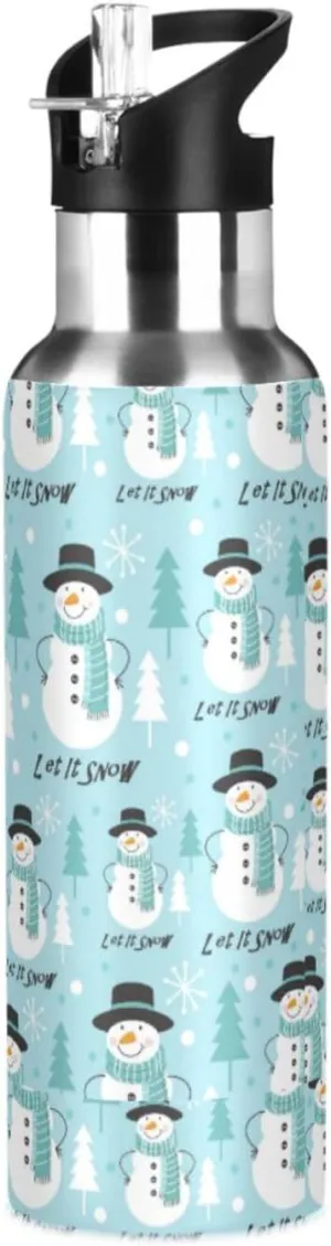 Wusikd Snowman Water Bottle with Straw Lid Double Wall Christmas Gift Thermos Bottle Vacuum Insulated Flask Stainless Steel Water Bottle for Gym Outdoor 35 OZ