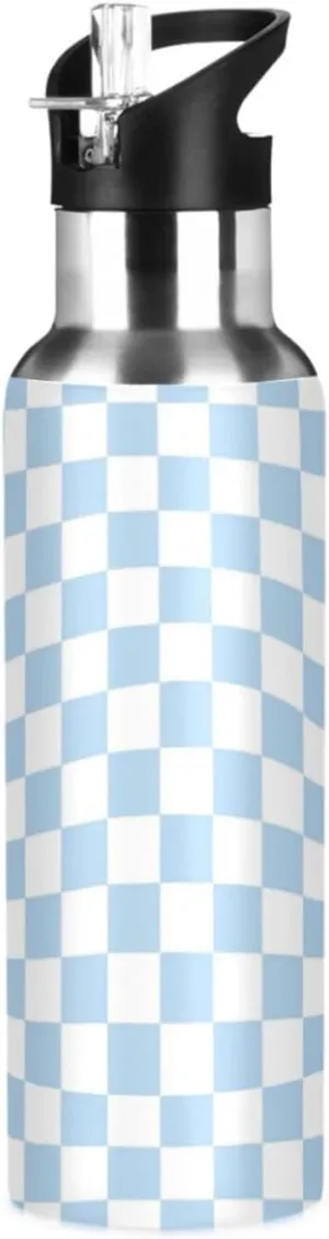 Wusikd Twisted Checkered Water Bottle with Straw Lid Double Wall Colorful Retro Checkerboard Thermos Bottle Vacuum Insulated Flask Stainless Steel Water Bottle for Gym Outdoor 20 OZ