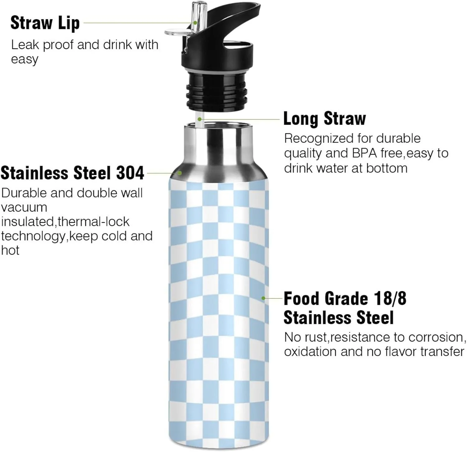 Wusikd Twisted Checkered Water Bottle with Straw Lid Double Wall Colorful Retro Checkerboard Thermos Bottle Vacuum Insulated Flask Stainless Steel Water Bottle for Gym Outdoor 20 OZ