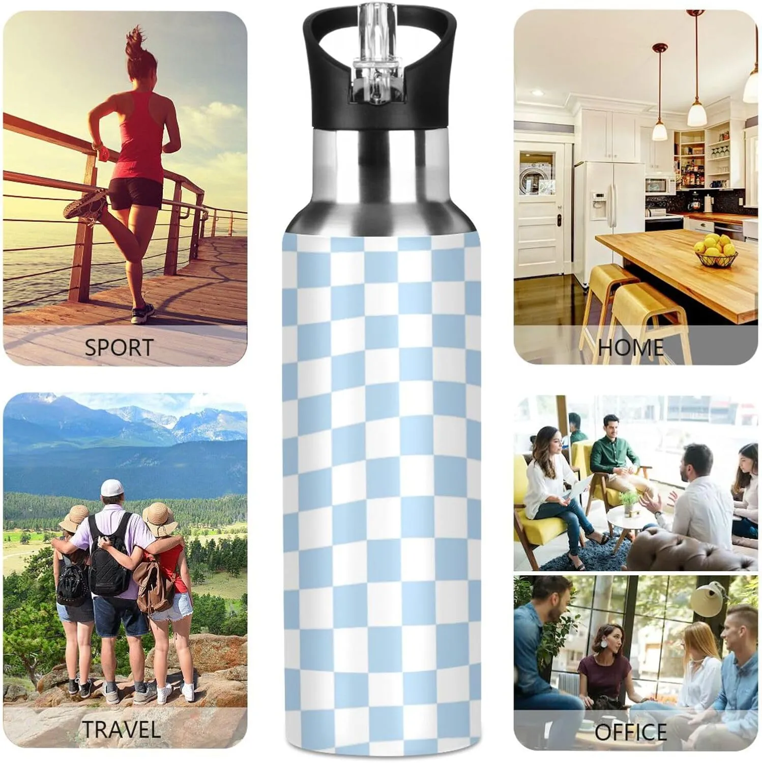 Wusikd Twisted Checkered Water Bottle with Straw Lid Double Wall Colorful Retro Checkerboard Thermos Bottle Vacuum Insulated Flask Stainless Steel Water Bottle for Gym Outdoor 20 OZ