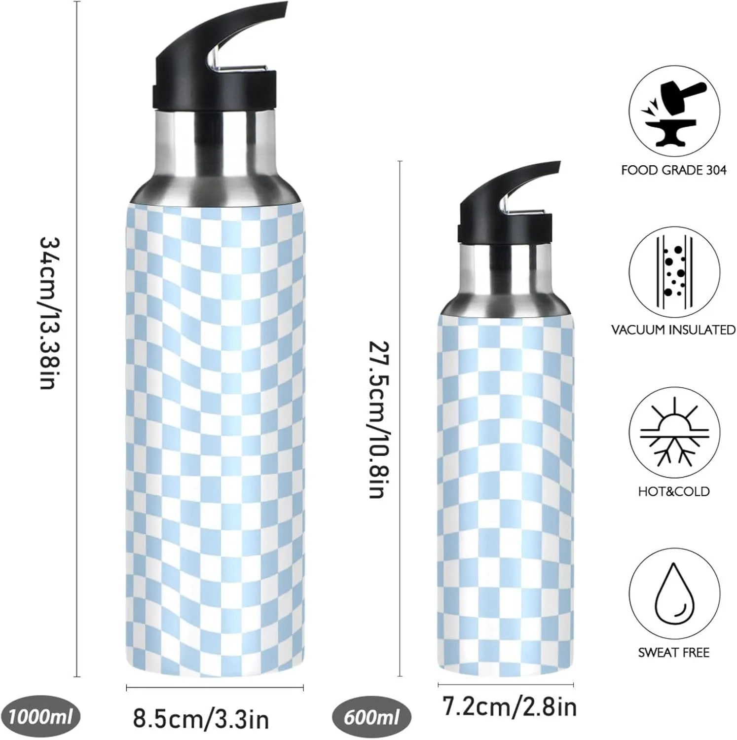 Wusikd Twisted Checkered Water Bottle with Straw Lid Double Wall Colorful Retro Checkerboard Thermos Bottle Vacuum Insulated Flask Stainless Steel Water Bottle for Gym Outdoor 20 OZ