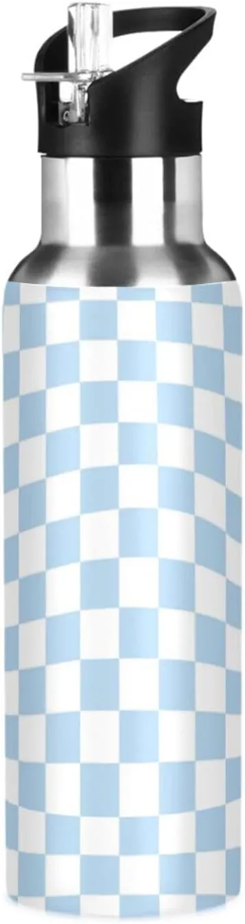 Wusikd Twisted Checkered Water Bottle with Straw Lid Double Wall Colorful Retro Checkerboard Thermos Bottle Vacuum Insulated Flask Stainless Steel Water Bottle for Gym Outdoor 20 OZ