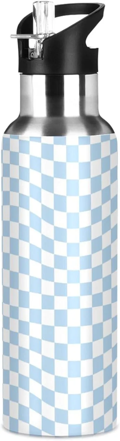 Wusikd Twisted Checkered Water Bottle with Straw Lid Double Wall Colorful Retro Checkerboard Thermos Bottle Vacuum Insulated Flask Stainless Steel Water Bottle for Gym Outdoor 20 OZ